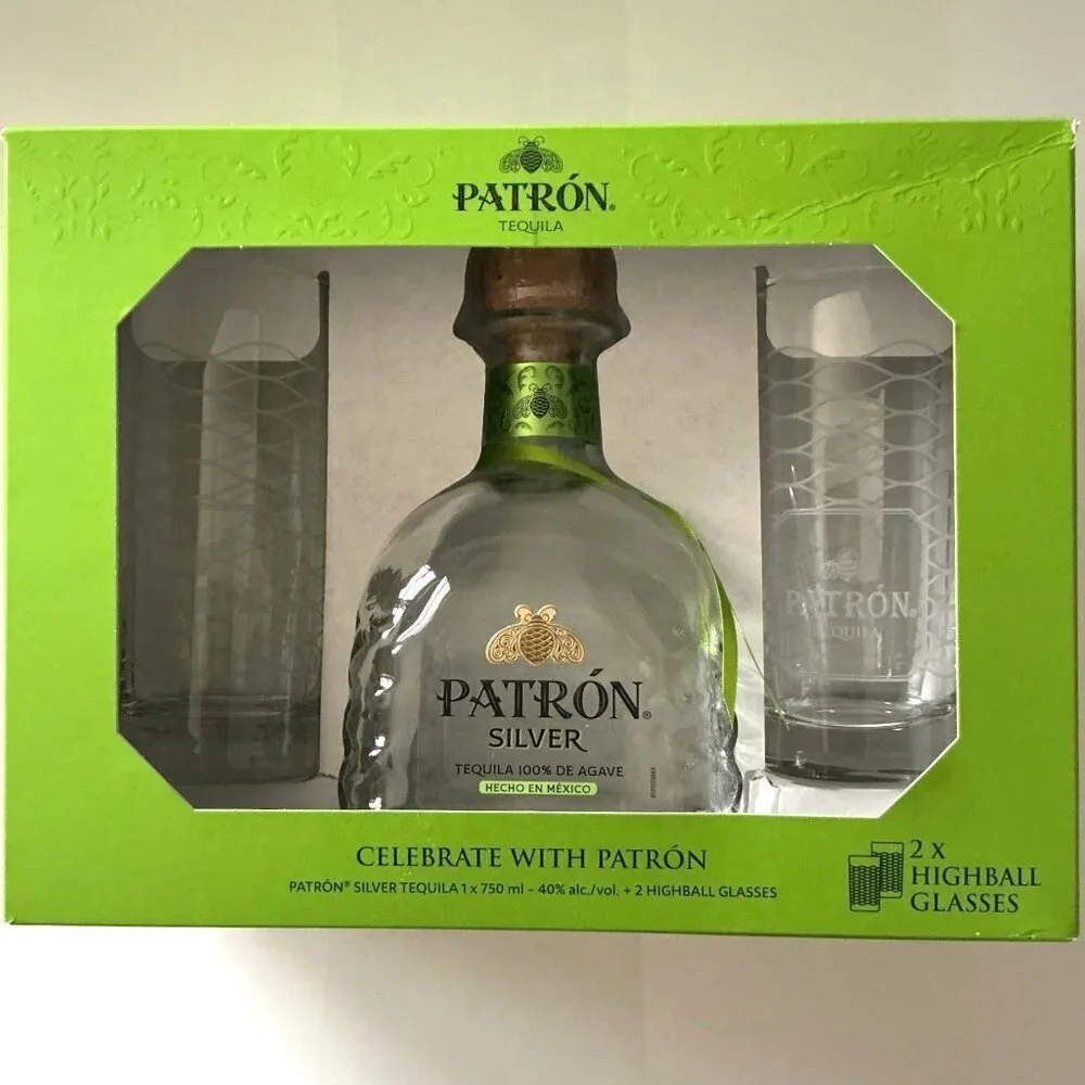 PATRON TEQUILA BOTTLE WITH BAR GLASSES SET NEW BOTTLE DESIGN EMPTY BOTTLE